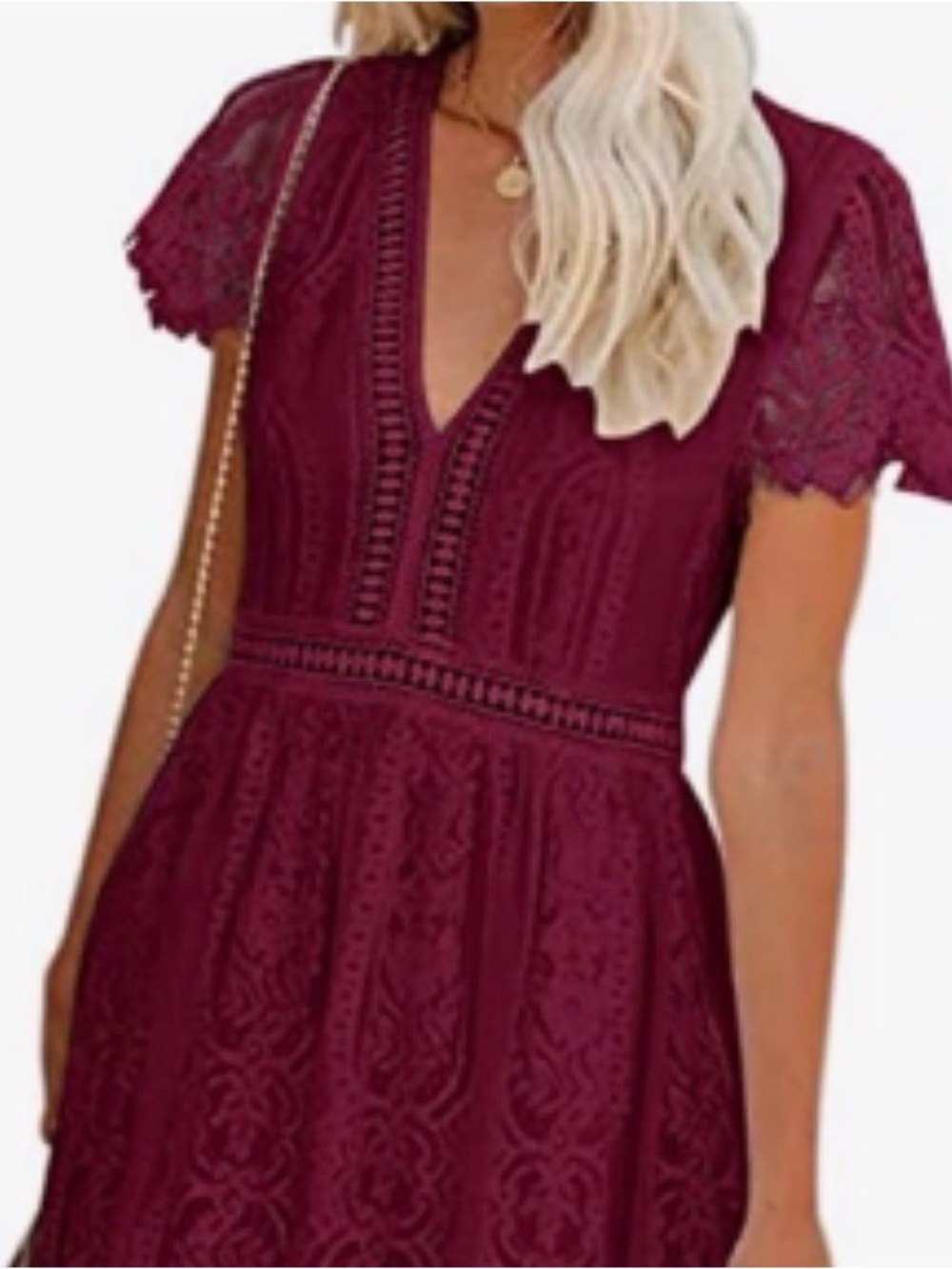 Merokeety Wine Red Lace Midi Dress with V-Neck